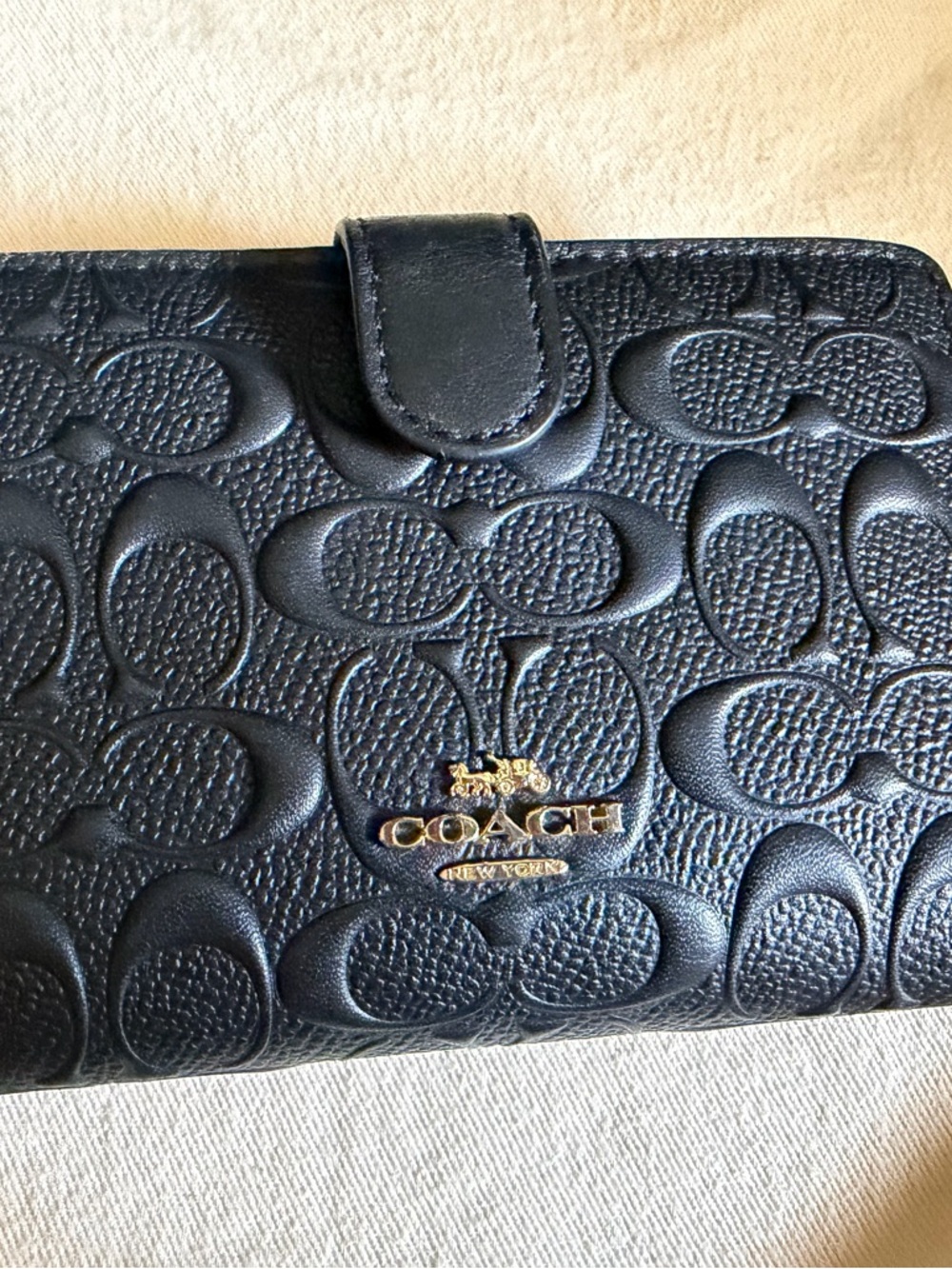 Coach Black Embossed Signature Leather Clutch Wallet with Gold Logo